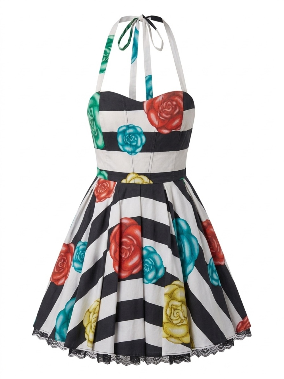 Sz 0 ALICE + Olivia silk black and white stripe photo reel floral mini dress